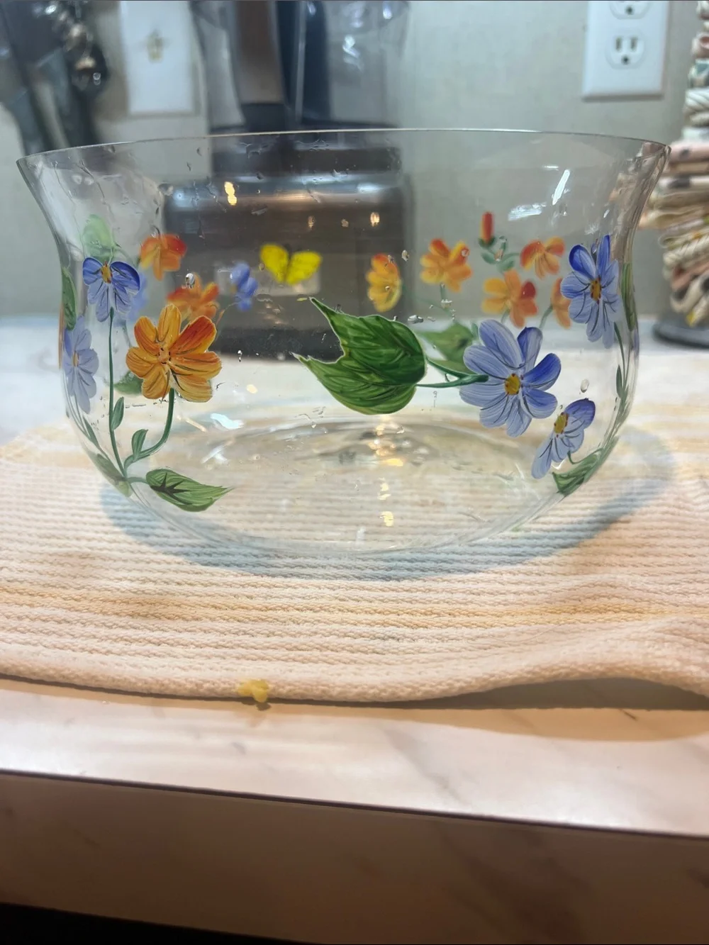 Hand-Painted Floral Glass Bowl - Multicolor 8 1/2